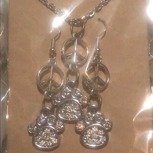 Silver Paw Print & Peace Sign Necklace and Earring Set - Silver